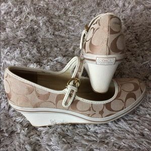White and brown Coach wedges